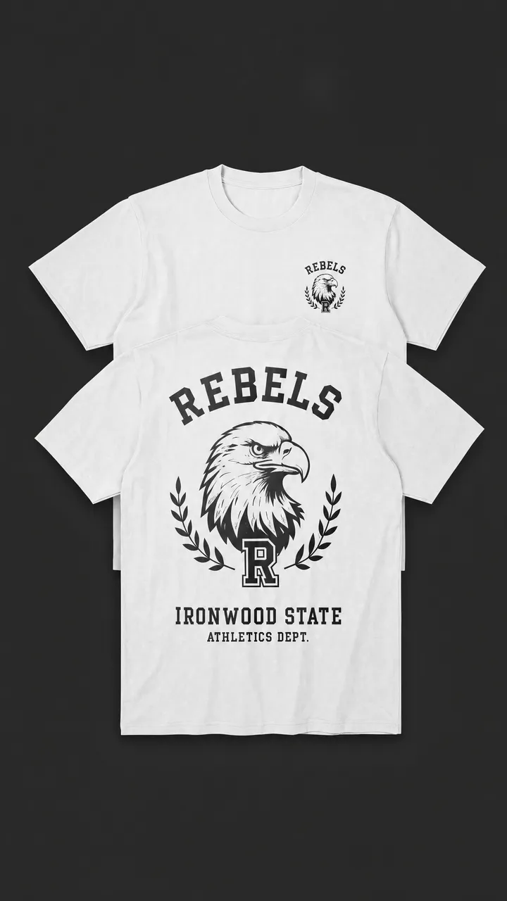 The single reference image: a white tee with a Rebels eagle crest, front and back